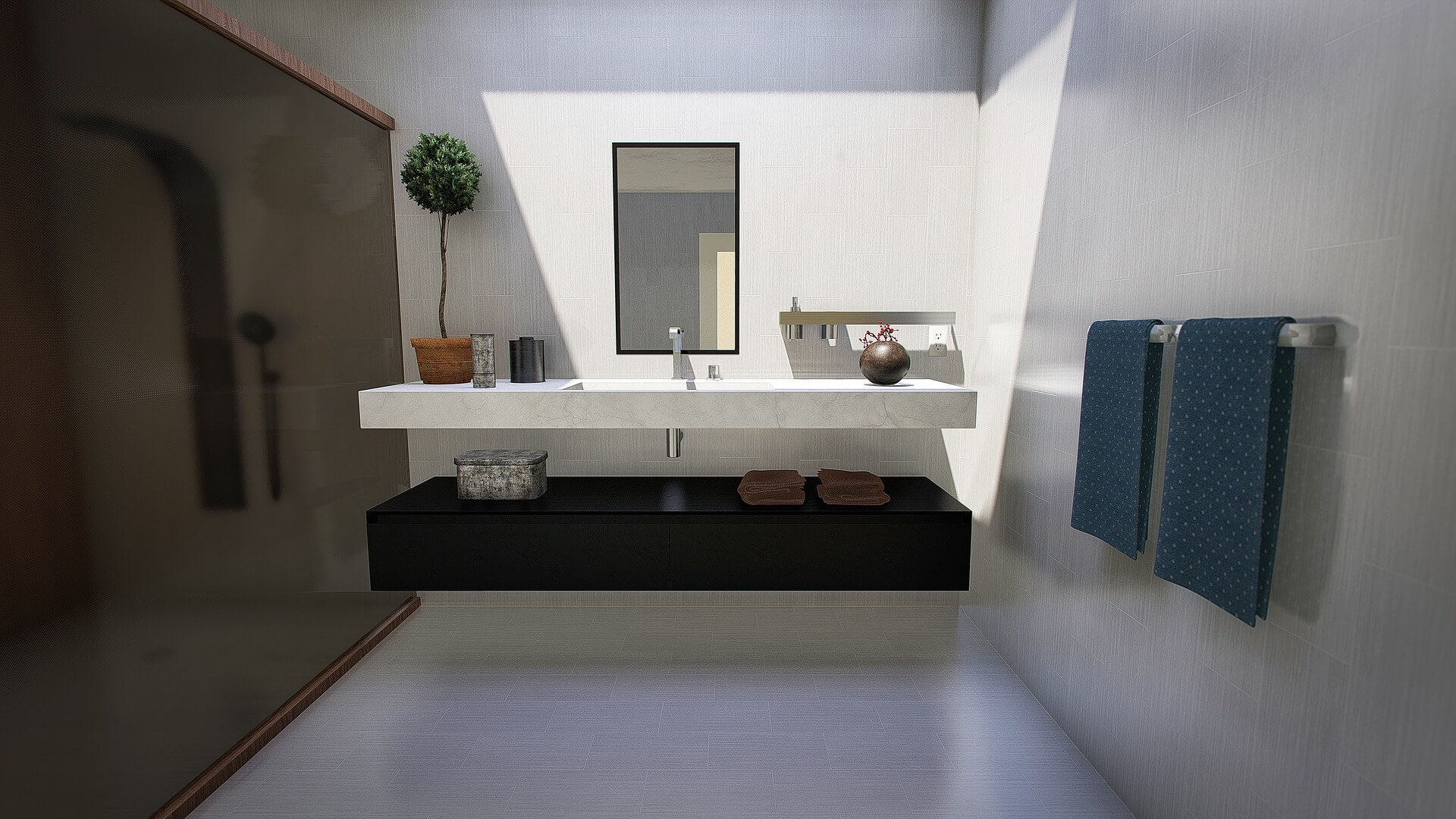 Modern floating bathroom vanity with white marble countertop, black base, rectangular mirror, and blue towels in Woodland Hills remodel