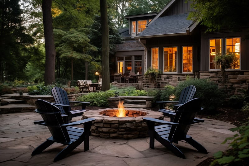 Outdoor fire pit with stone patio seating and backyard construction Los Angeles