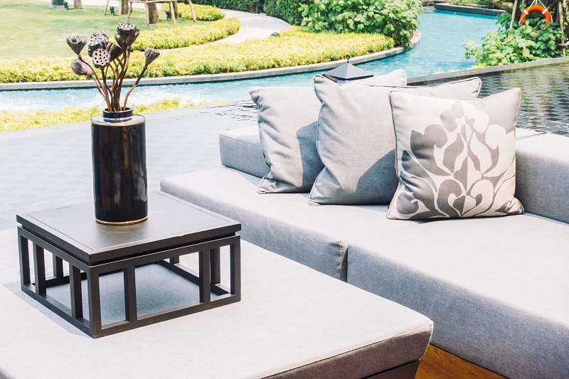  Built-in outdoor seating with pool view outdoor living space Los Angeles