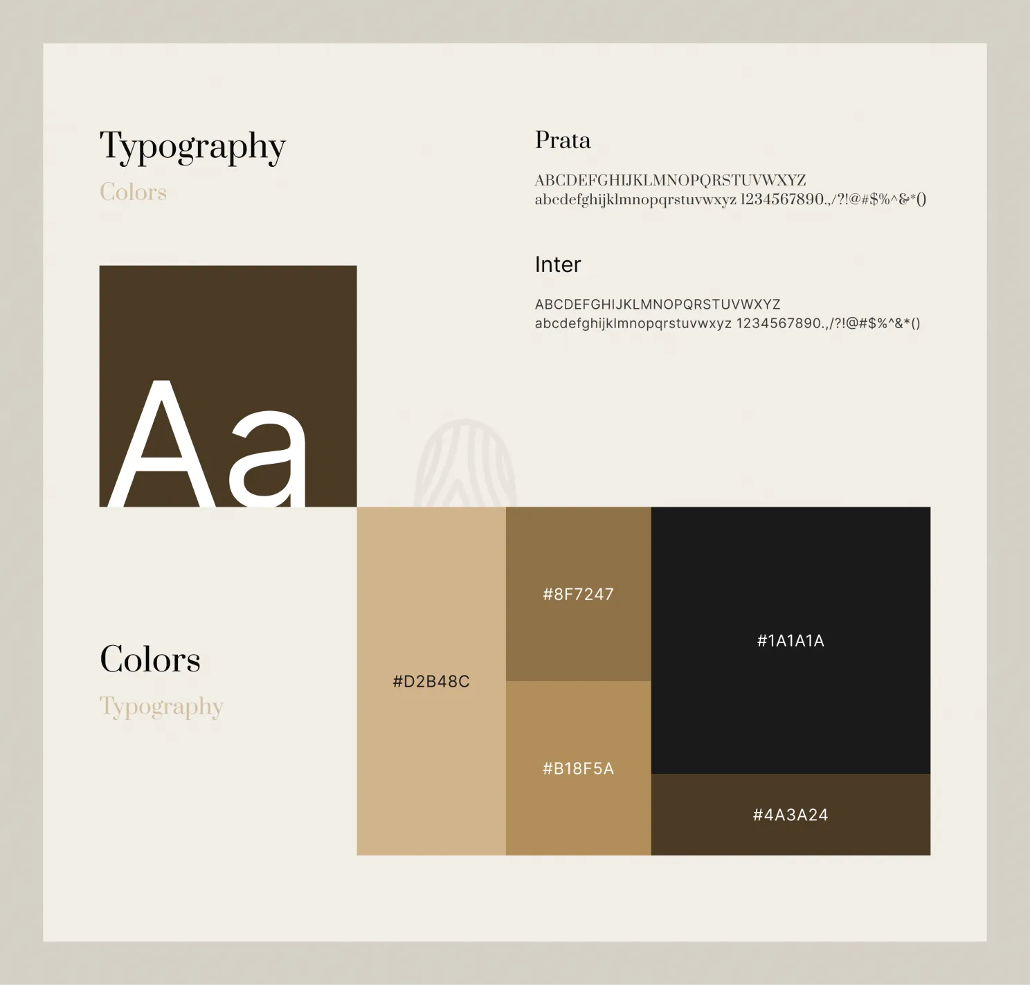 Typography and color palette guide showing fonts Prata and Inter with alphabets and numbers, and color blocks labeled #D2B48C, #8F7247, #B18F5A, #1A1A1A, and #4A3A24.