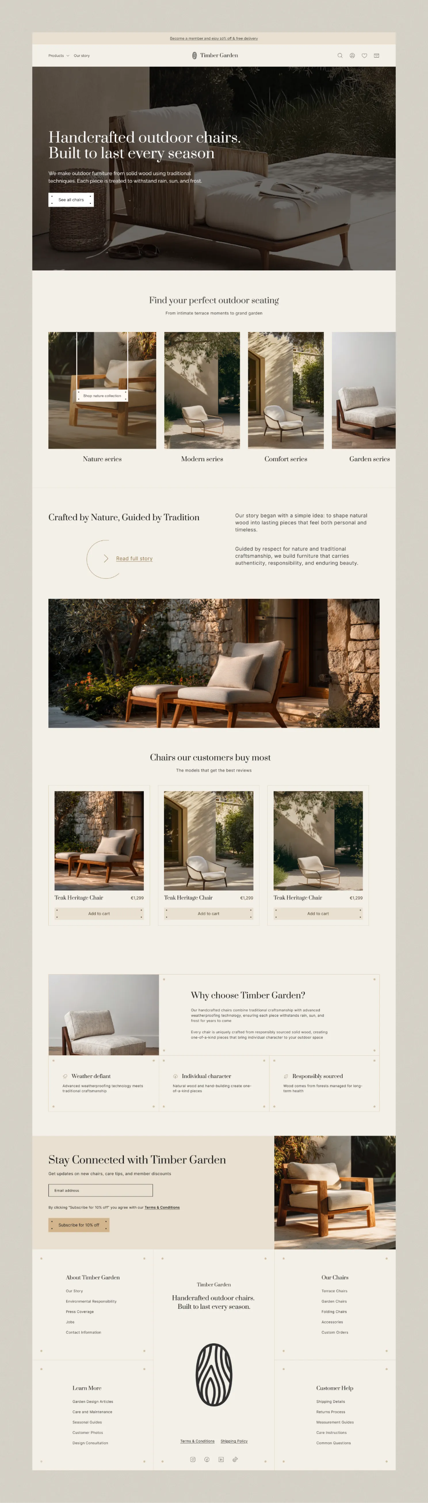 Timber Garden website homepage showcasing handcrafted teak outdoor chairs in various styles with descriptions, prices, and subscription option.