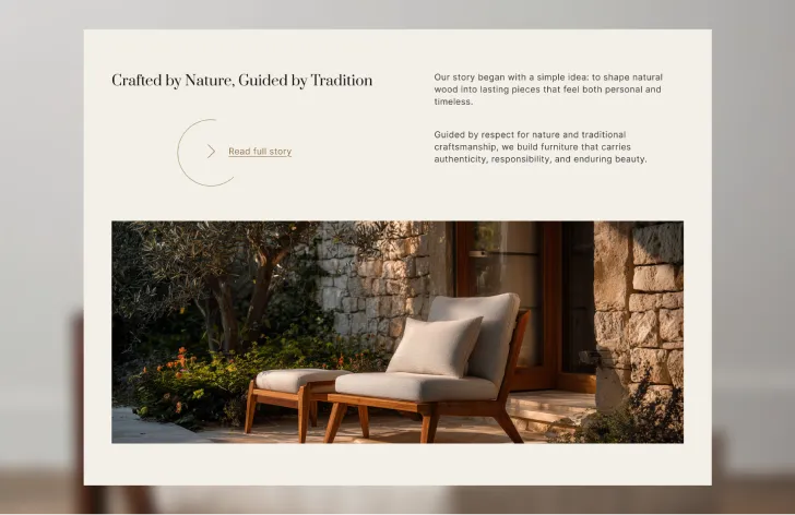 Outdoor wooden lounge chairs with cream cushions placed on a stone patio against a stone wall with greenery in the background.