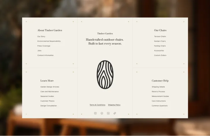Footer navigation menu with sections About Timber Garden, Our Chairs, Learn More, and Customer Help, centered Timber Garden logo and tagline about handcrafted outdoor chairs.
