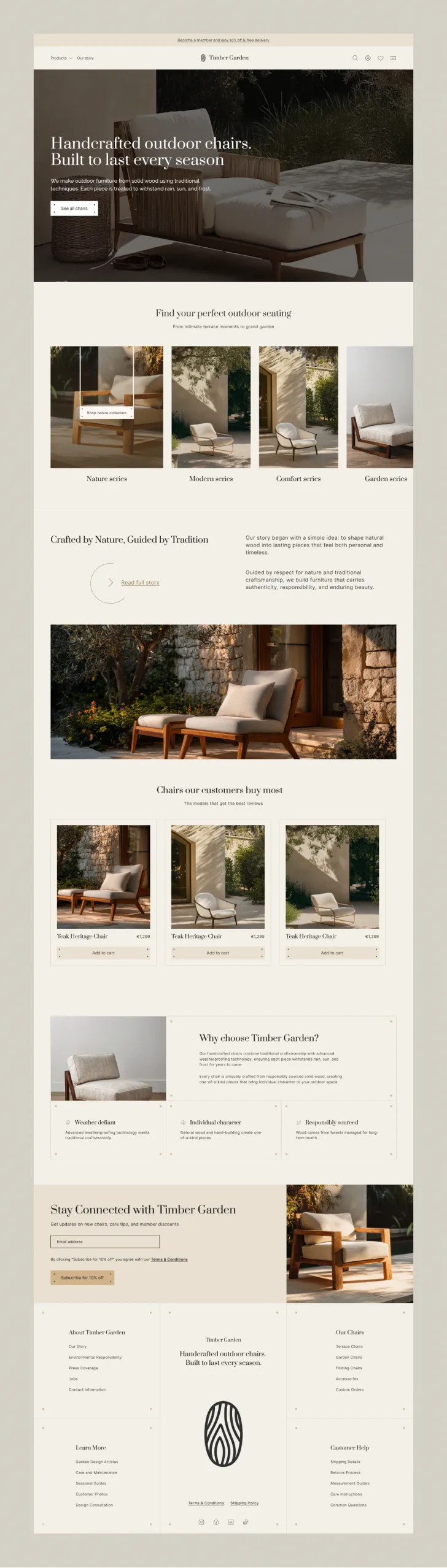 Timber Garden website homepage showcasing handcrafted outdoor chairs with natural wood frames and neutral cushions in various garden settings.