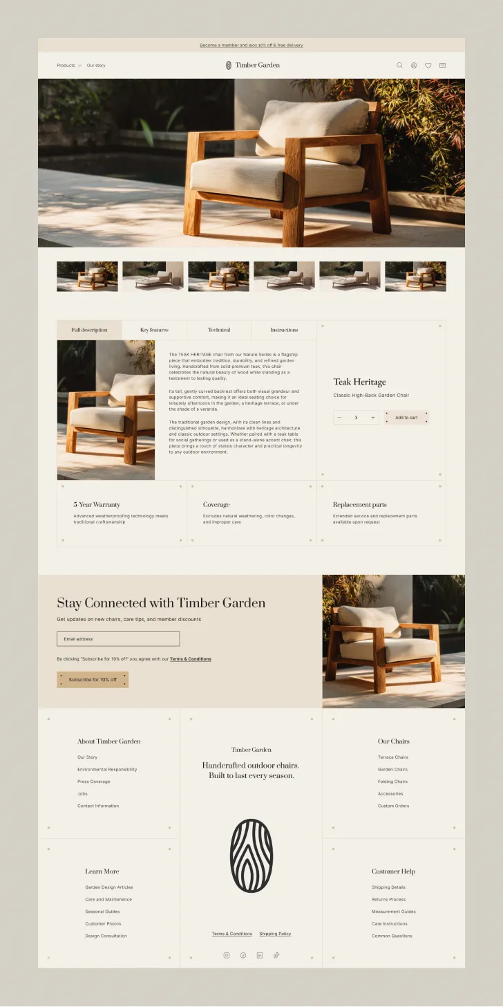 Product page showing a teak high-back garden chair with cream cushions, product description, features, warranty, and purchase options on Timber Garden website.
