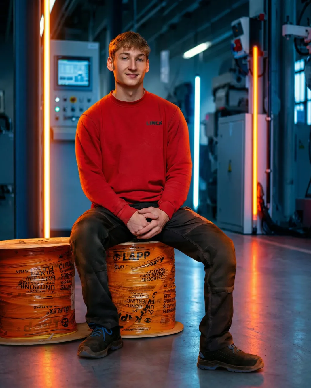 Ein Auszubildender von LINCK sitzt auf einer Kabeltrommel und lächelt in die Kamera.