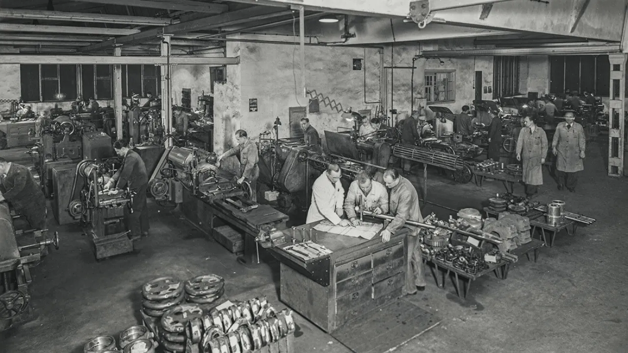 Werkstatt von LINCK im Jahr 1827 mit mehreren Mitarbeitern im Hintergrund. Im Fokus stehen drei Personen, die sich über einen Tisch beugen und auf einen Plan schauen.