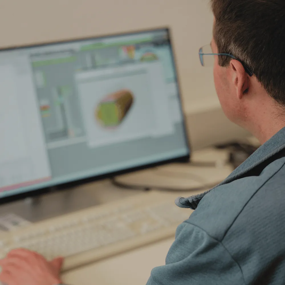 Ein LINCK Mitarbeiter sitzt vor einem PC und schaut sich ein Schnittbild eines Stammes an. 