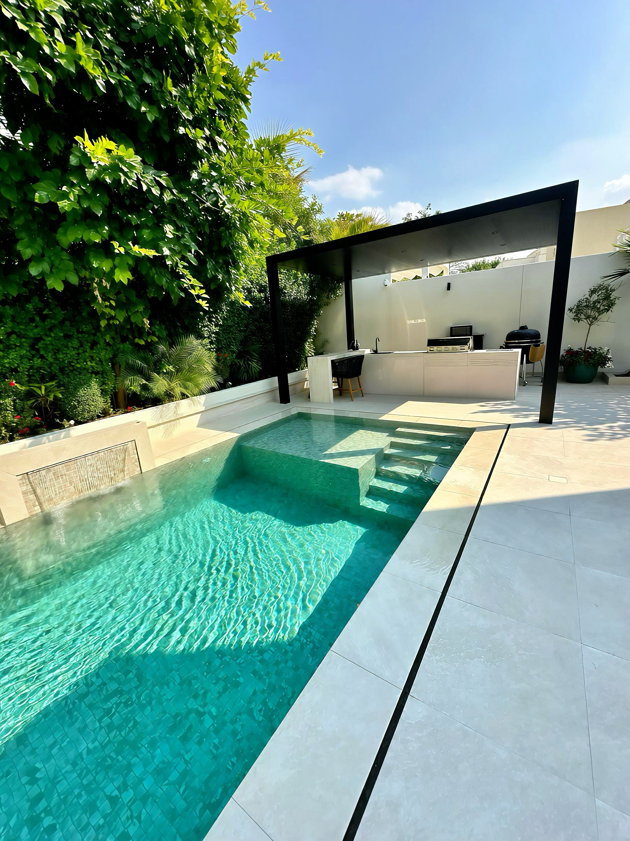 Night view of a modern backyard with an illuminated rectangular swimming pool, greenery along the wall, and a covered outdoor kitchen area.