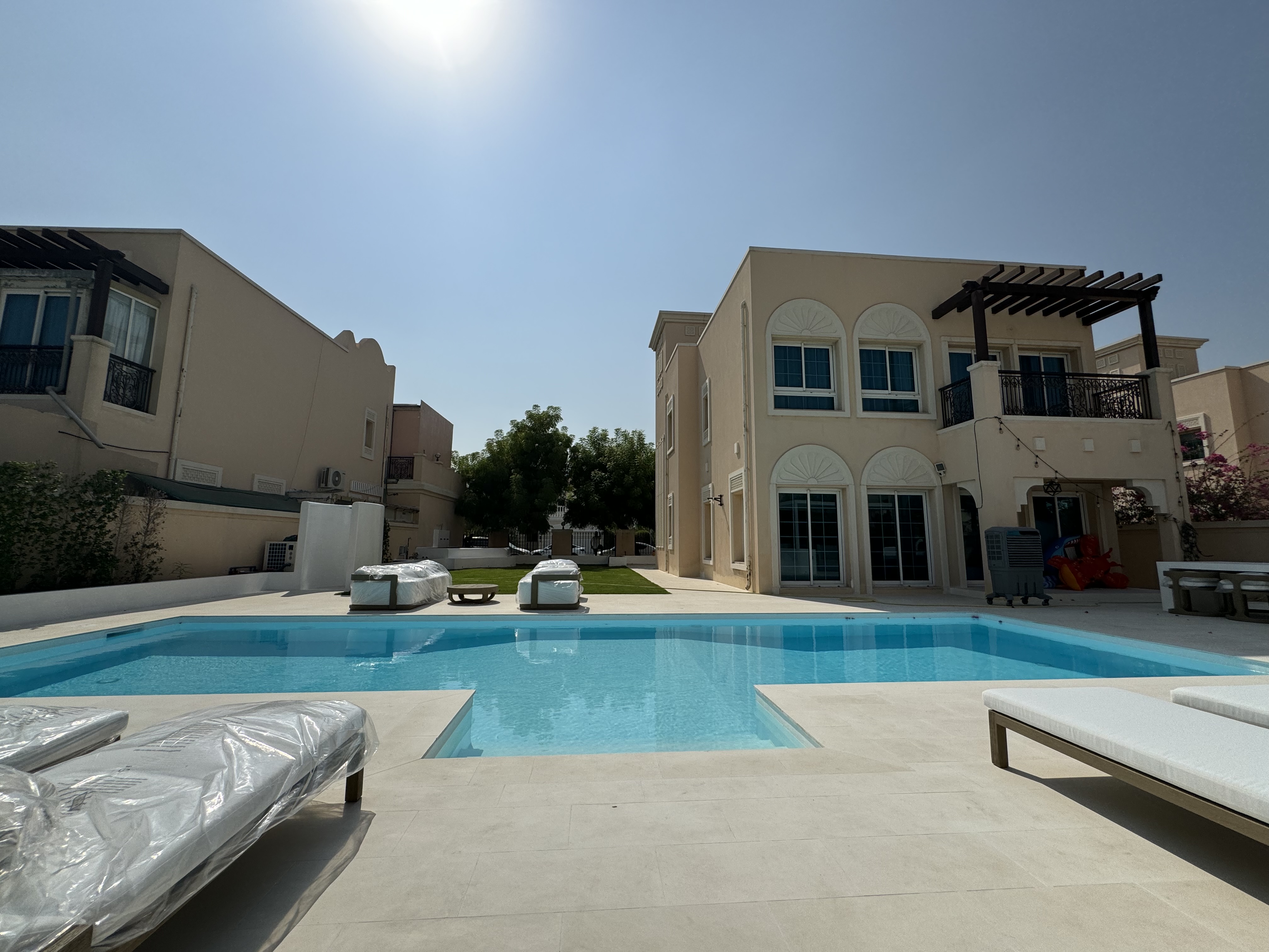 Empty modern white outdoor pool under a green leafy tree with a beige wall in the background.