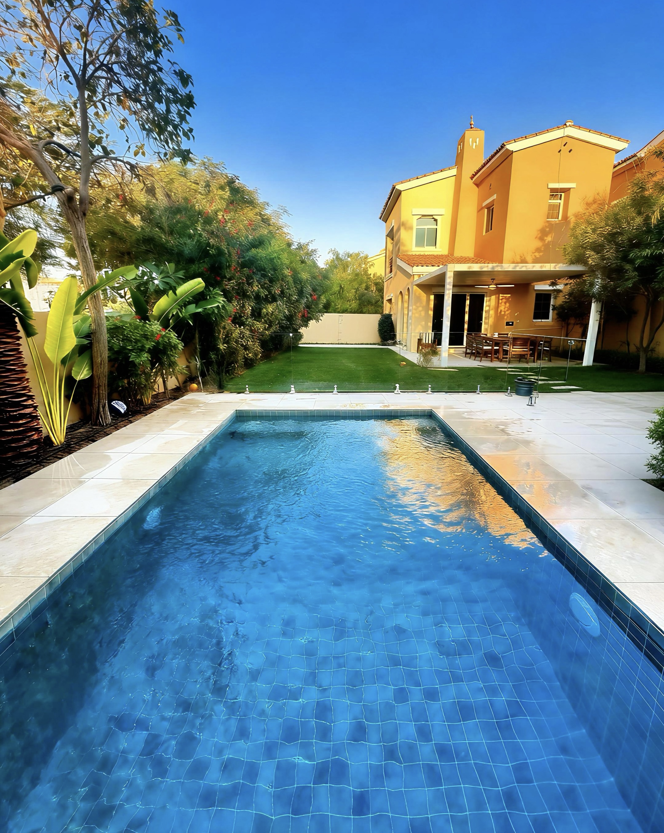 Square-shaped construction pit with black metal rebar grid, surrounded by loose soil and plants in a garden.