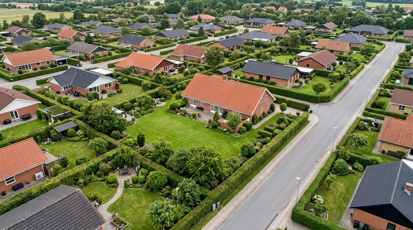 Luftfoto af parcelhuse på hver sin grund