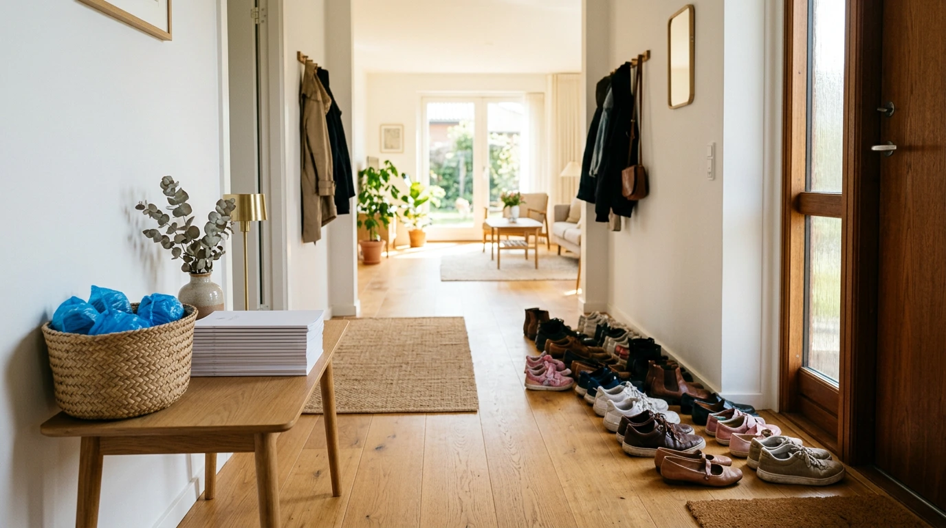 Mange par sko i entréen under åbent hus, hvor flere købere er interesserede.