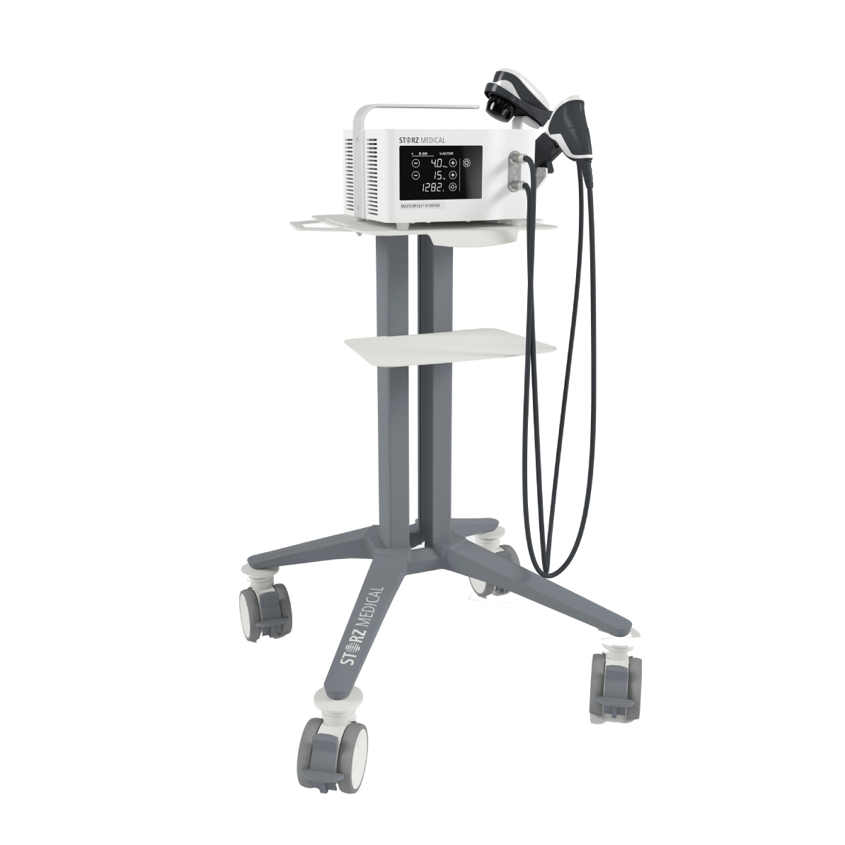 STORZ Medical Masterpuls R-SW100 console with two applicators on a wheeled stand
