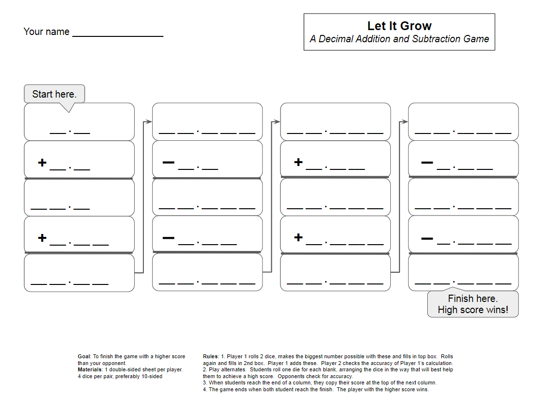 Decimal addition and subtraction game worksheet - Let It Grow