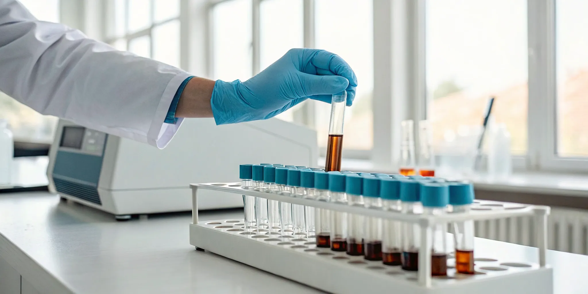A lab technician prepares a blood sample for an electrolyte panel test.