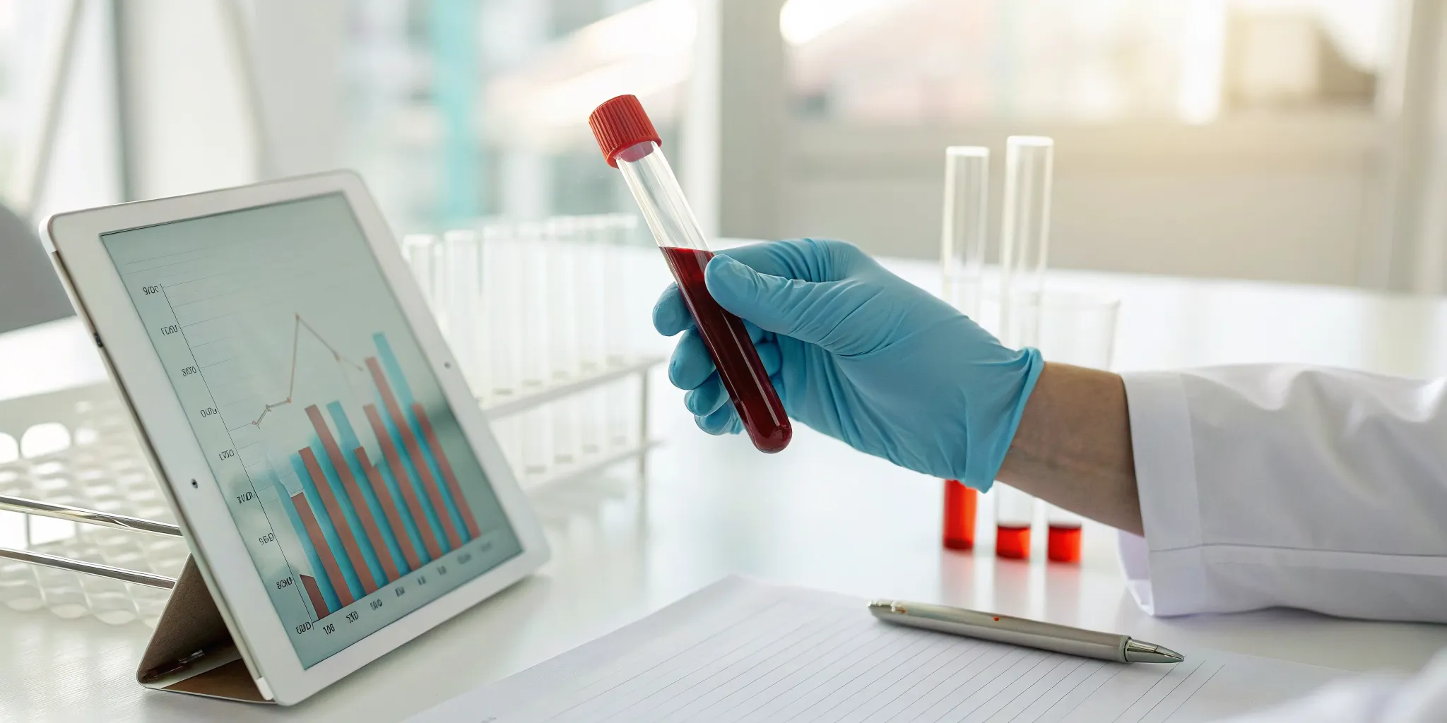 Technician holding a blood sample and reviewing high potassium test results on a tablet.