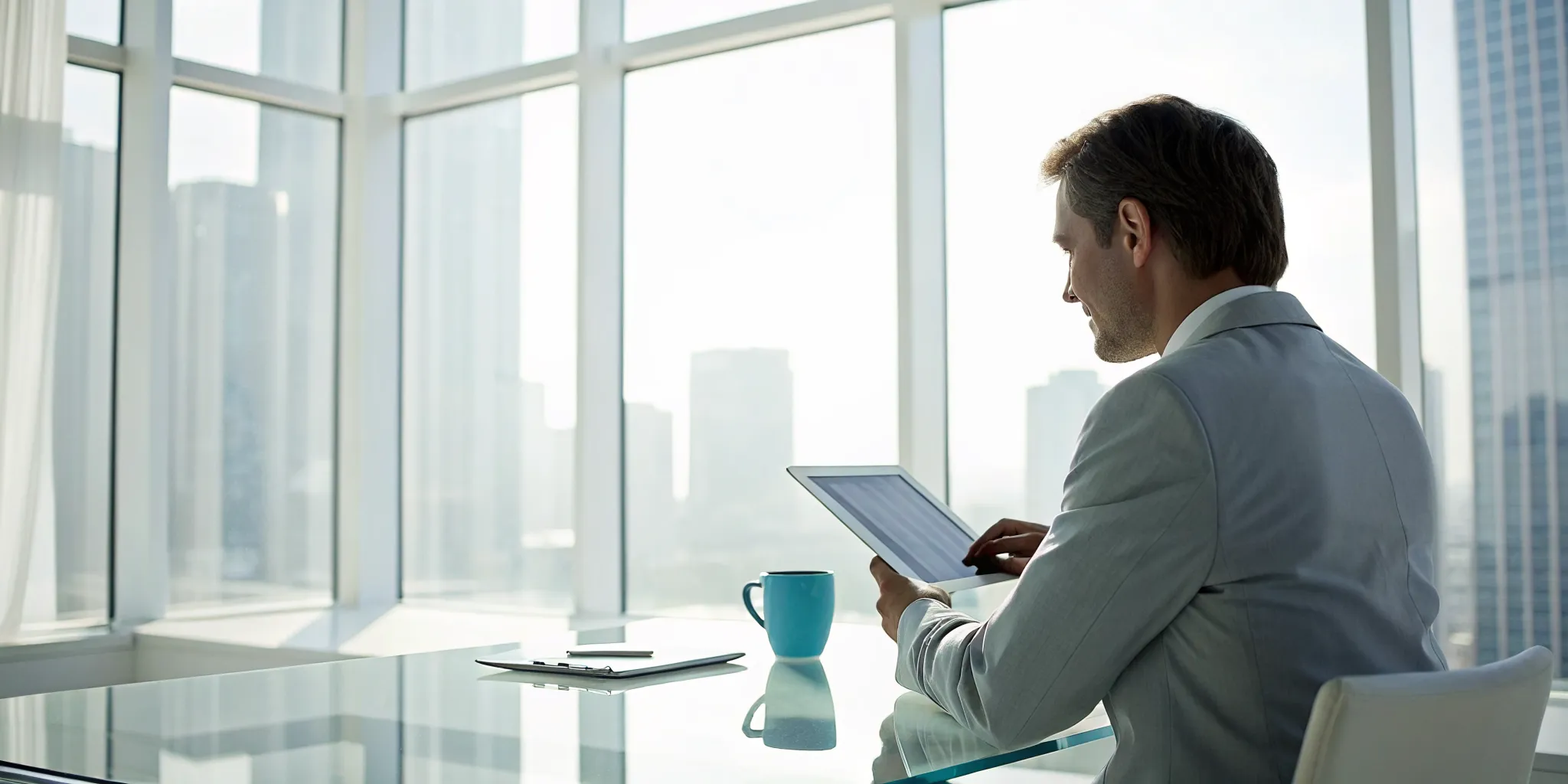A professional taking a burnout risk assessment test on a tablet.