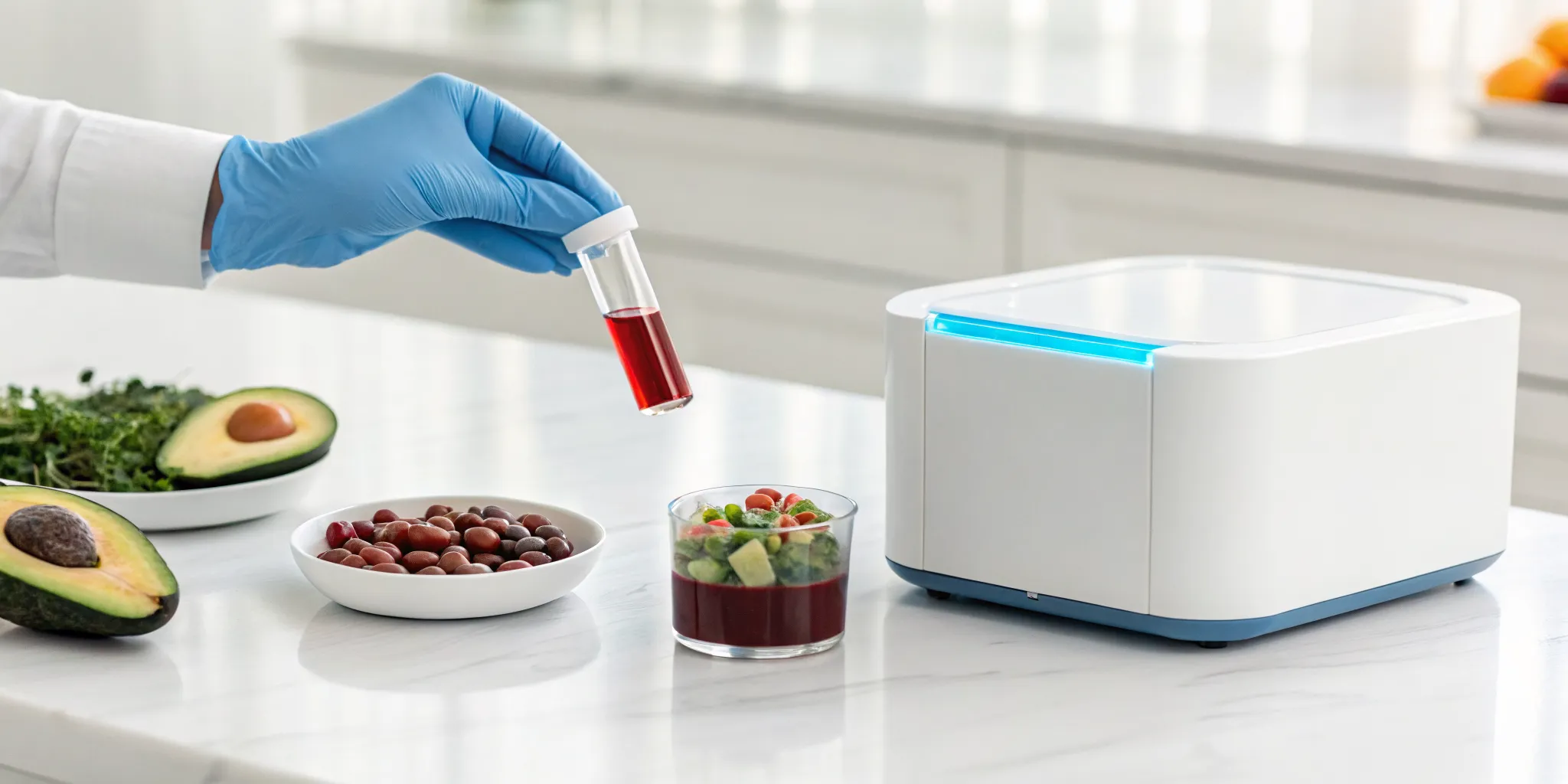 Blood test results guiding a personalized diet plan with supplements and healthy foods.