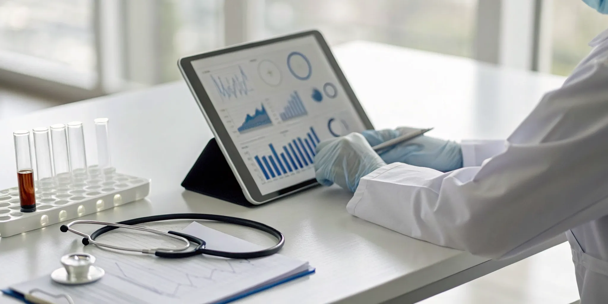 Doctor analyzing cortisol level test results on a tablet.