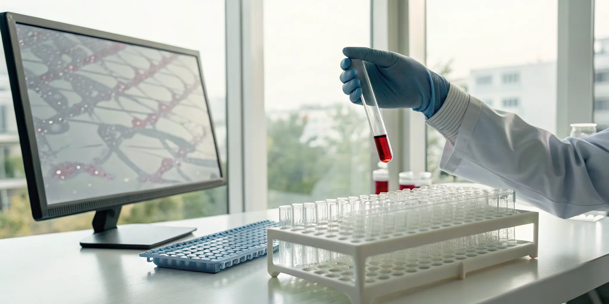 Scientist preparing a blood sample for a comprehensive biomarker test for cancer risk.