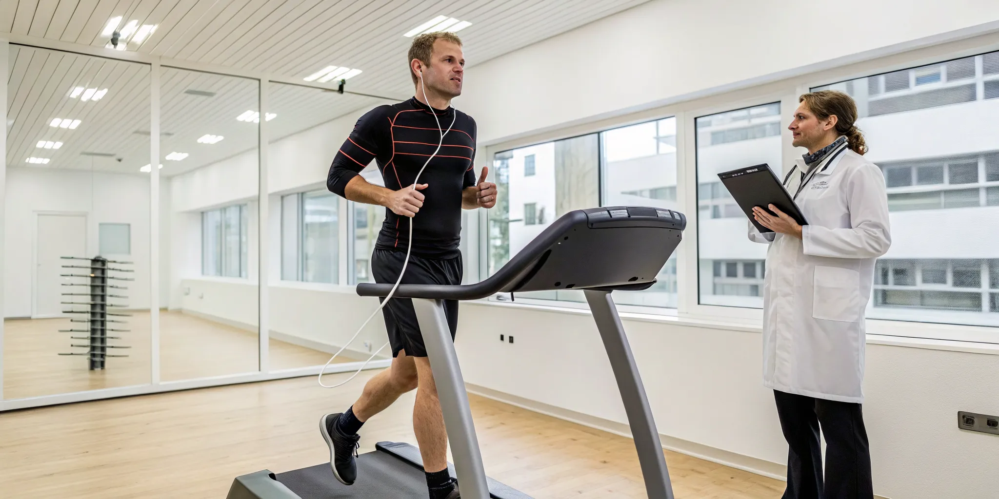 Doctor monitoring an athlete's heart during a cardiovascular screening on a treadmill.