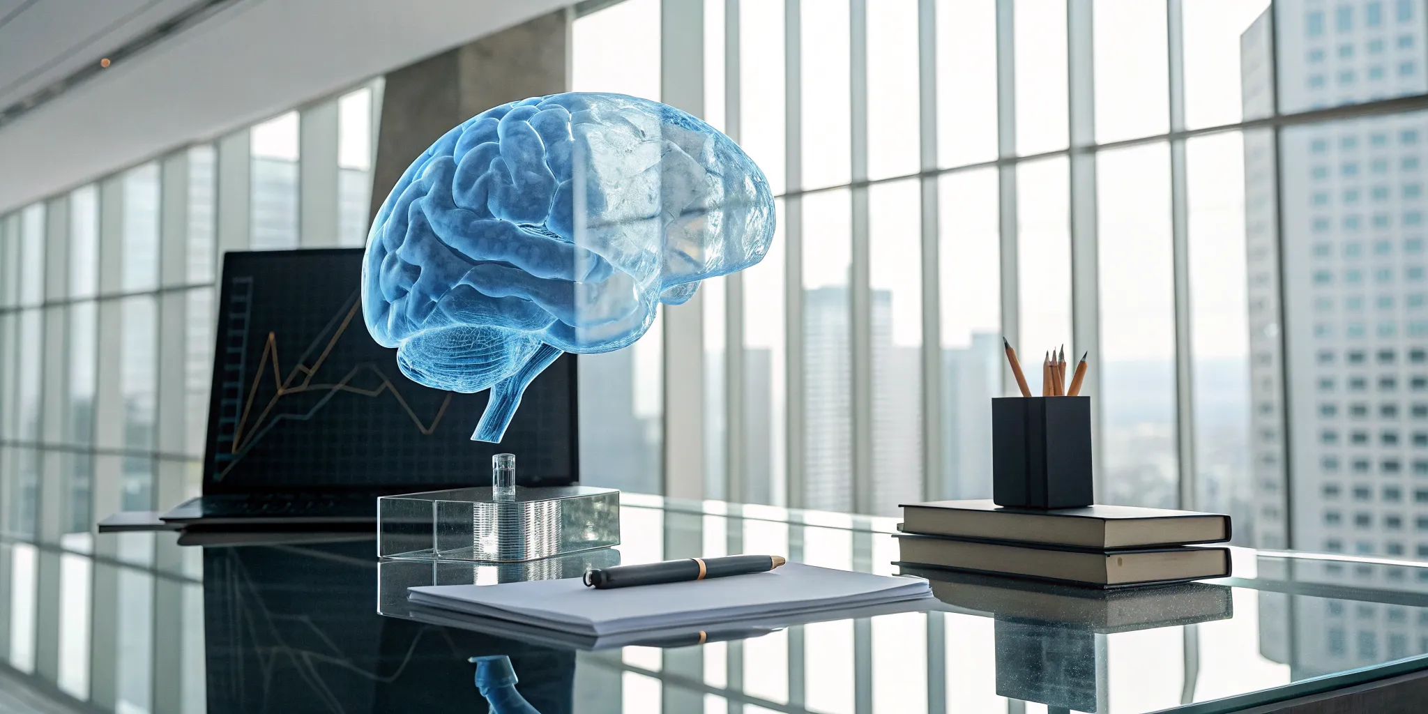 A holographic brain and a graph on a desk showing the analysis and cost of cognitive biomarkers.