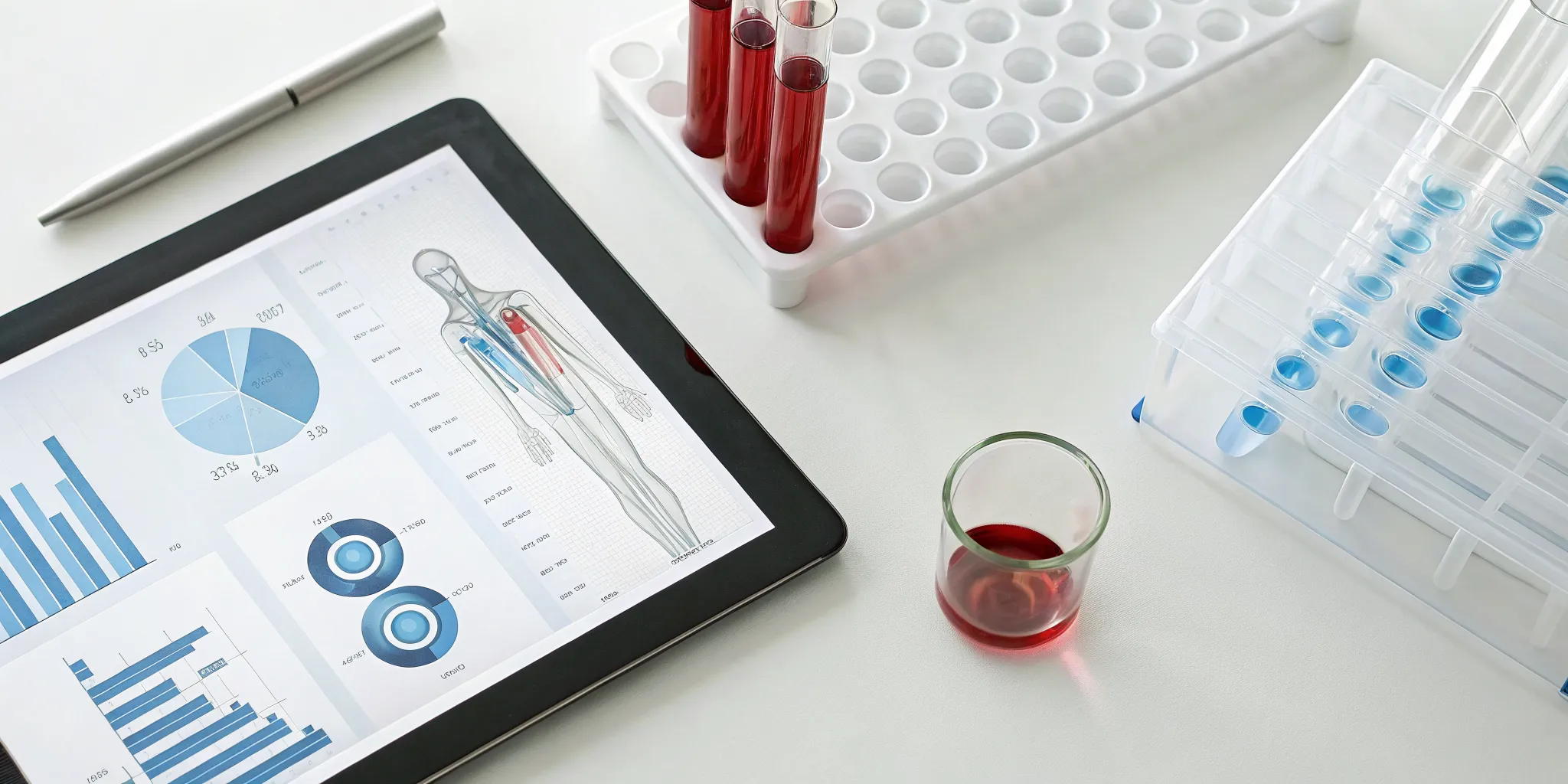 Comprehensive sports performance blood panel results on a tablet next to blood samples.