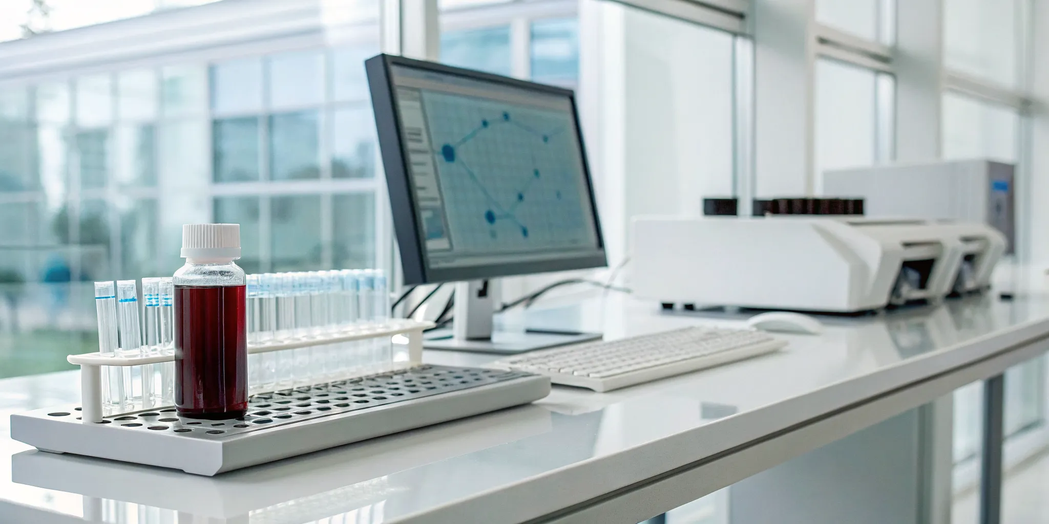 AI interprets blood test results using a computer and analyzer in a modern laboratory.