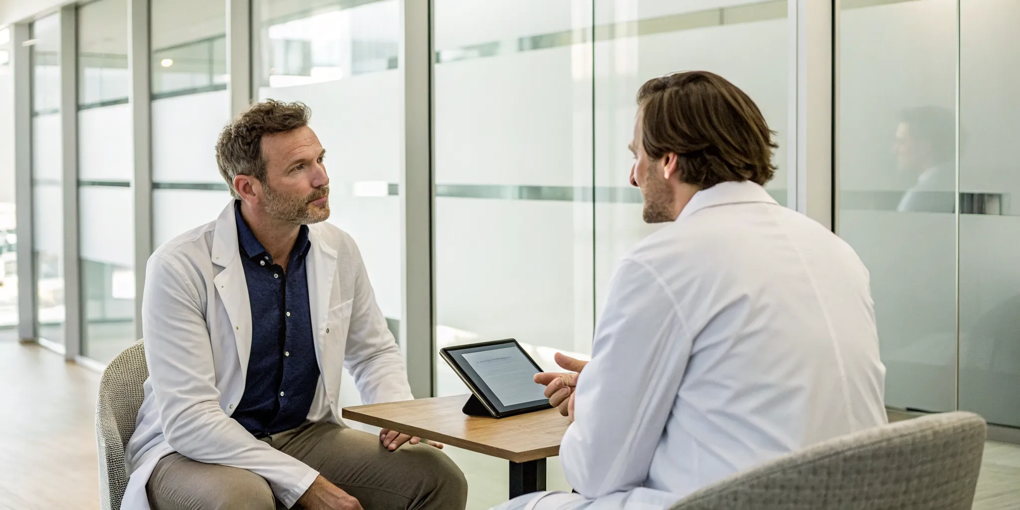 Medical experts planning a men's health optimization program using a tablet.
