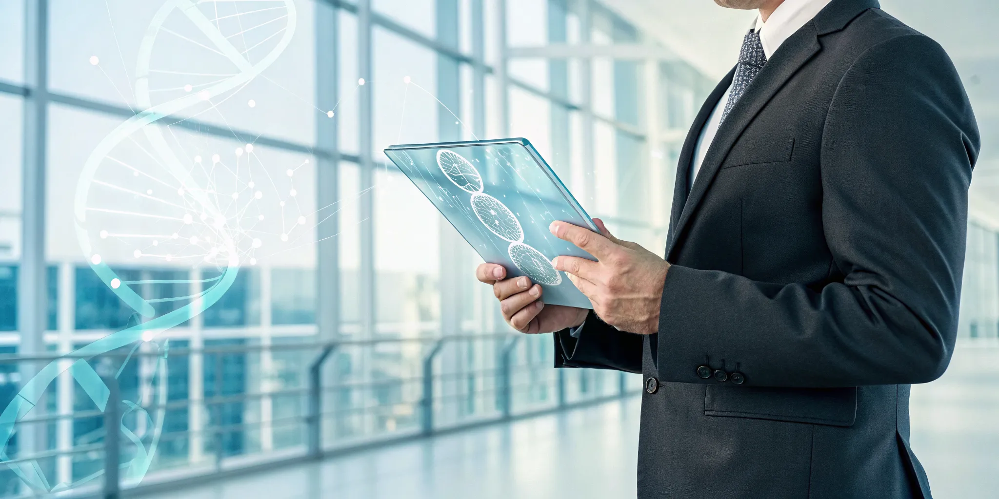 A professional analyzes a longevity biomarker panel on a tablet showing a DNA helix.