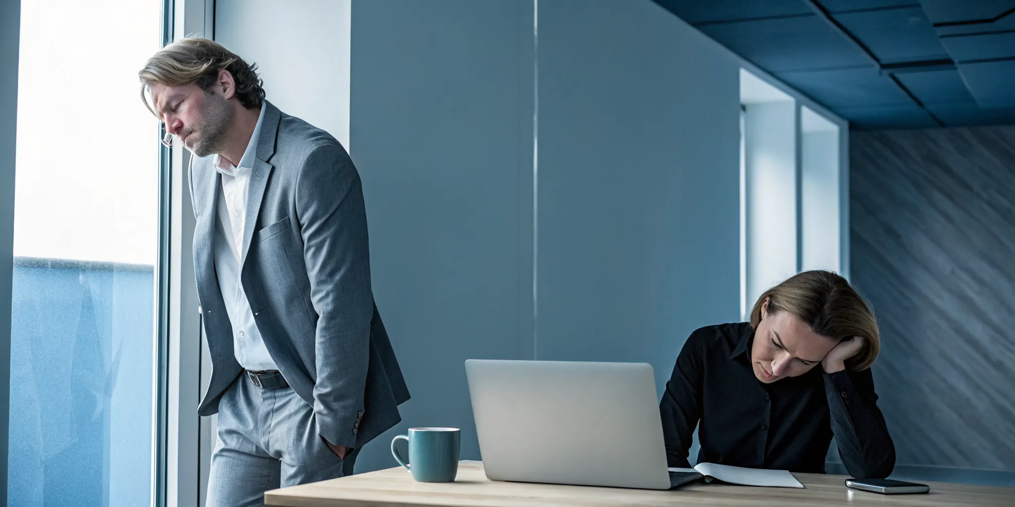 Stressed office workers experiencing low energy and burnout.
