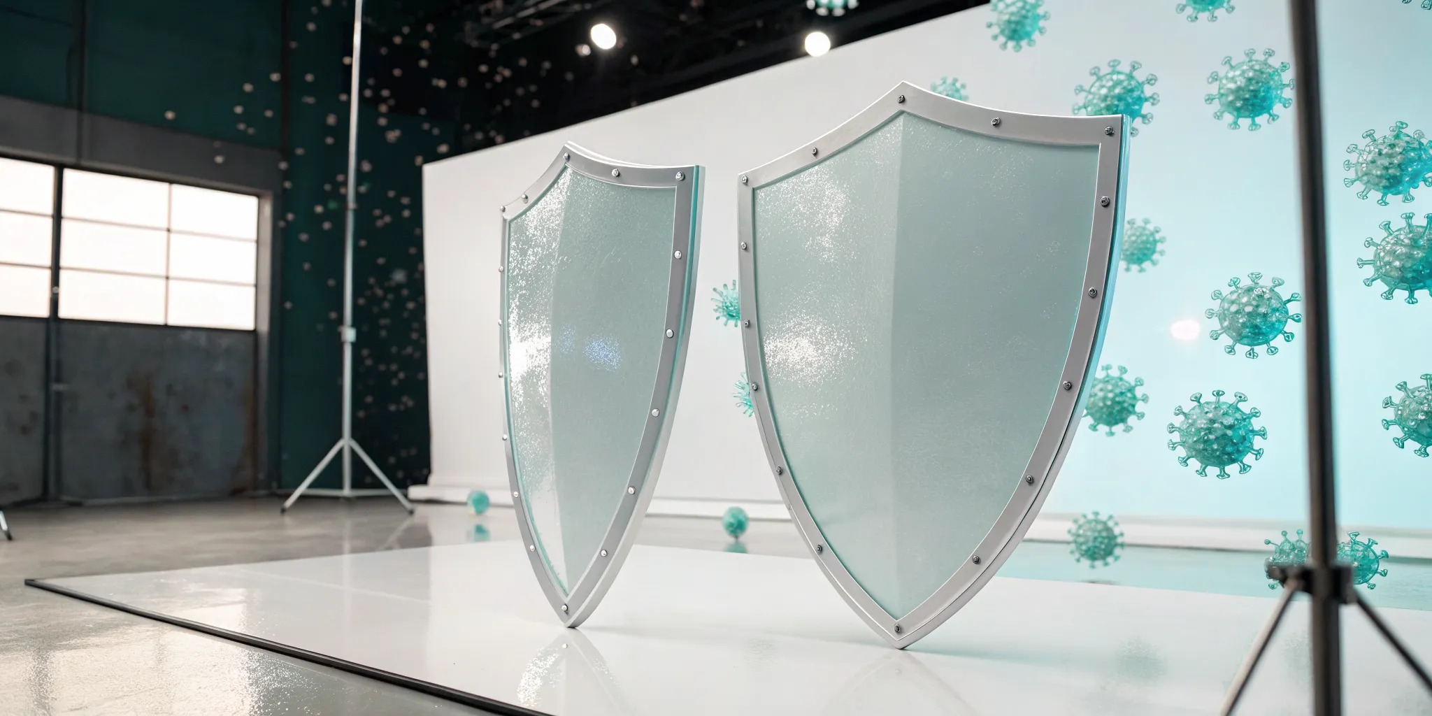 Two shields block viruses as a preventative health measure.