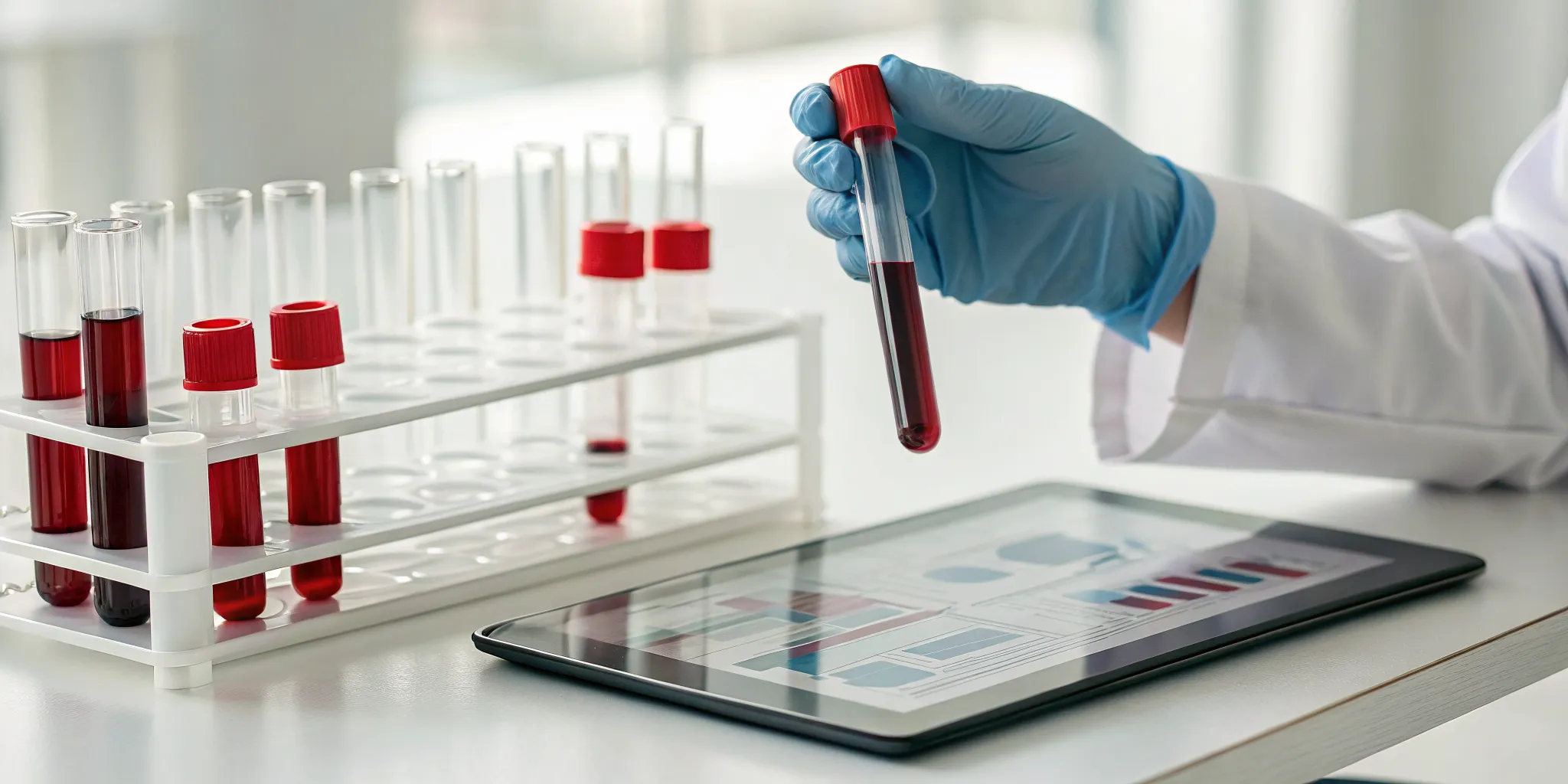 Lab technician with a comprehensive metabolic panel blood test sample and results.