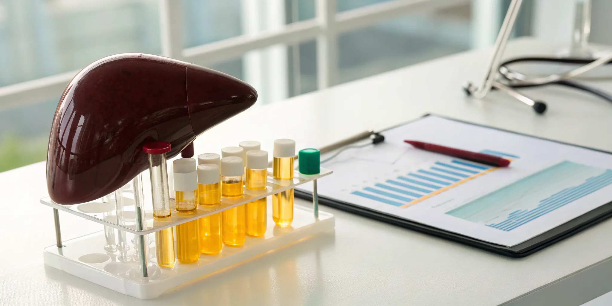 Liver model with blood samples and a chart of liver function test results.