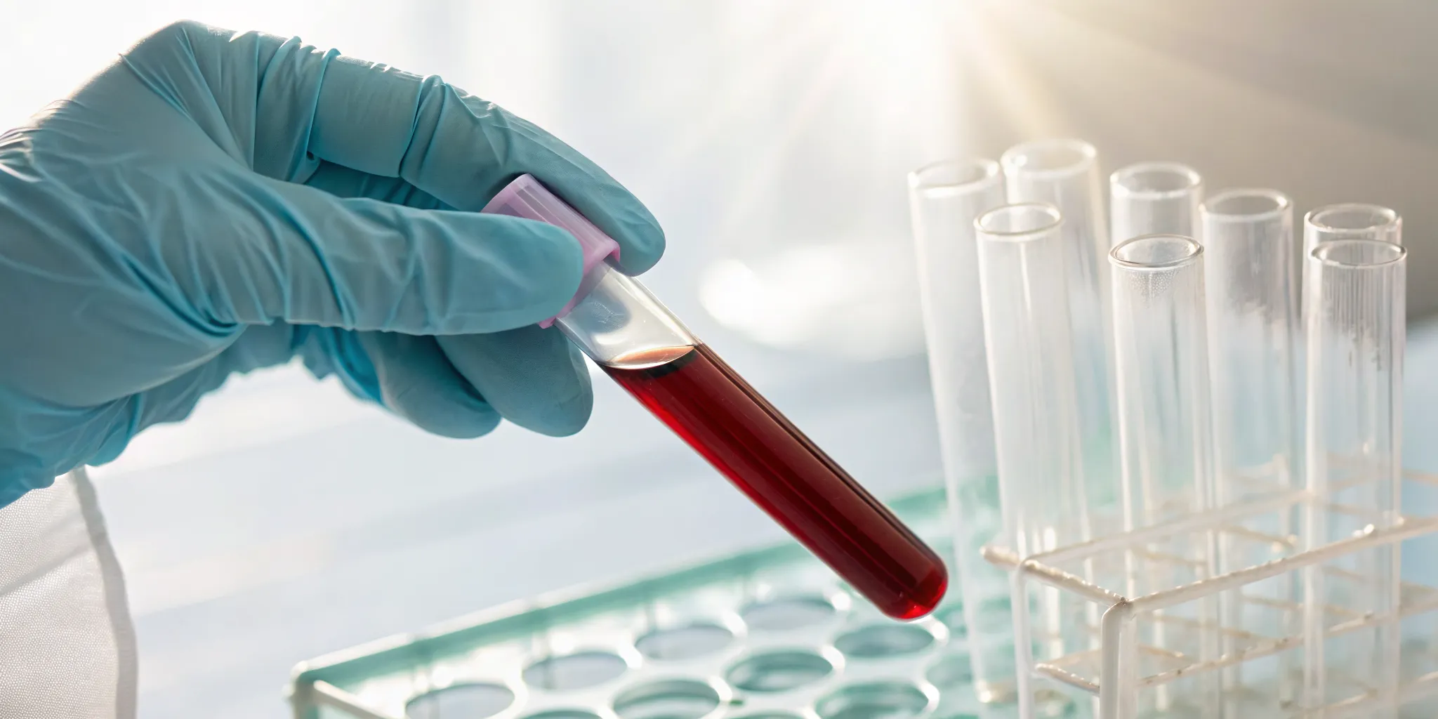 Gloved hand holding a blood sample for a potassium blood test.