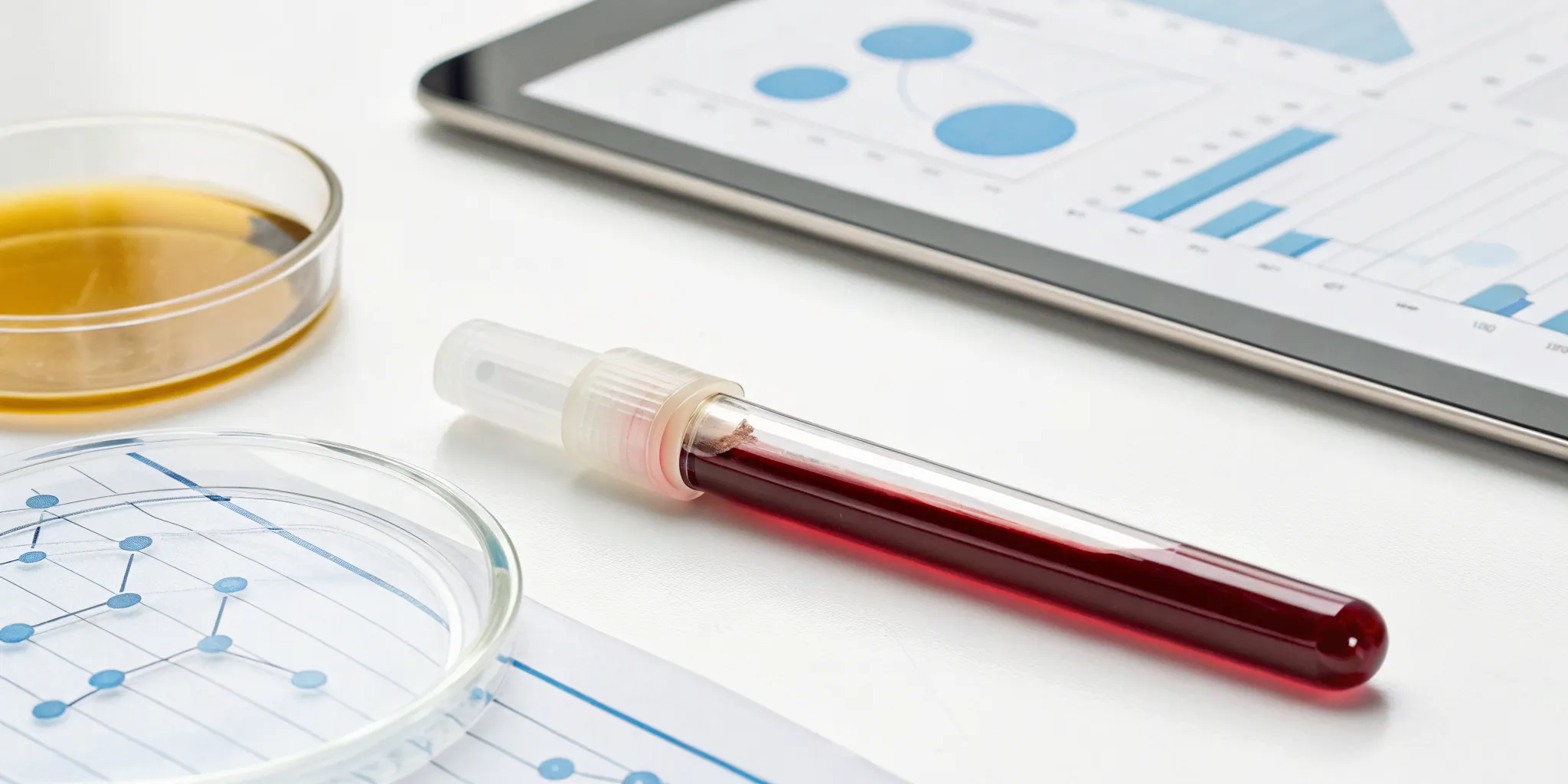 Blood sample for a lipid panel with cholesterol and triglyceride results on a tablet.