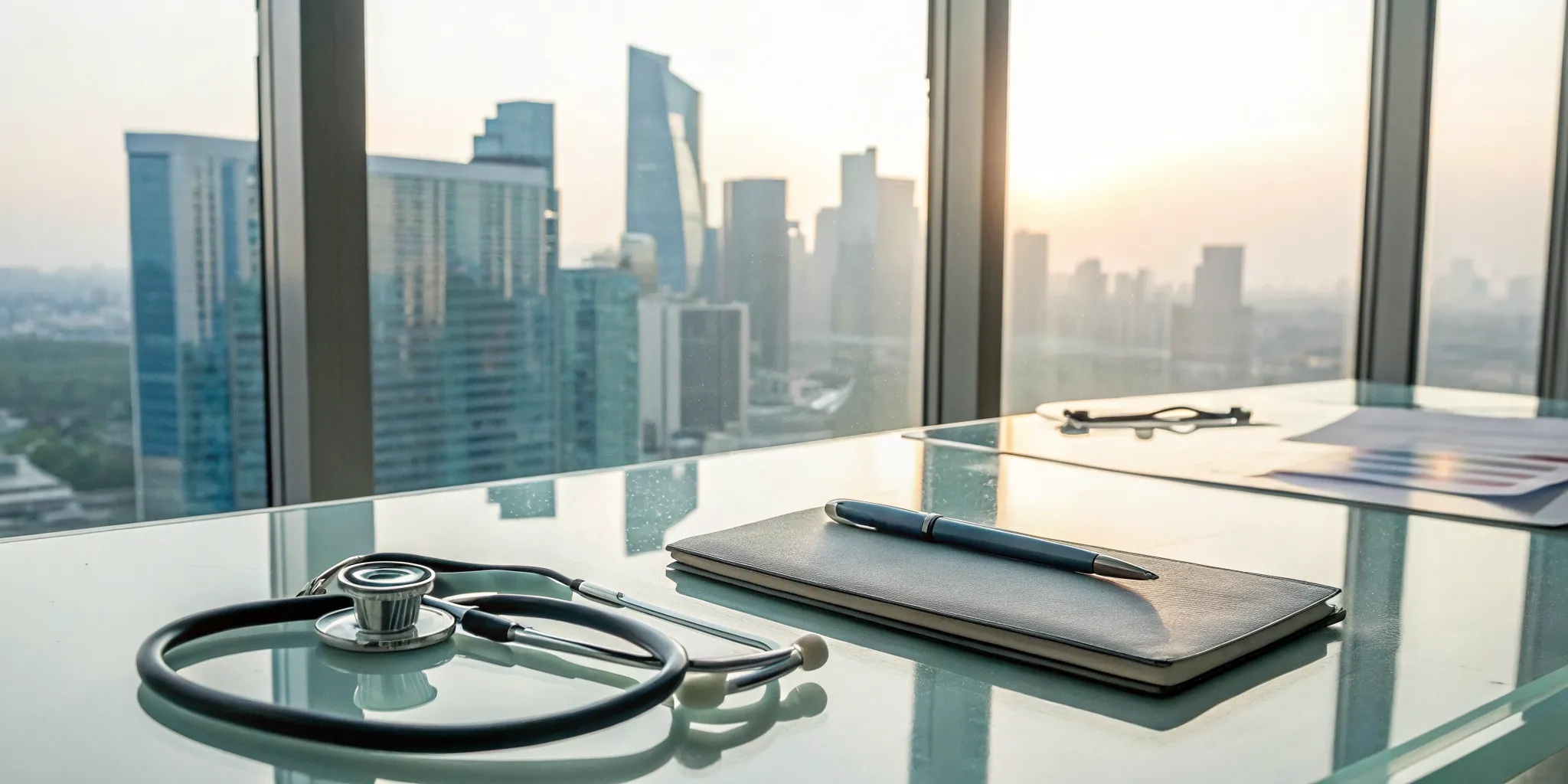 A stethoscope and notebook on a desk for reviewing the cost of an executive physical.