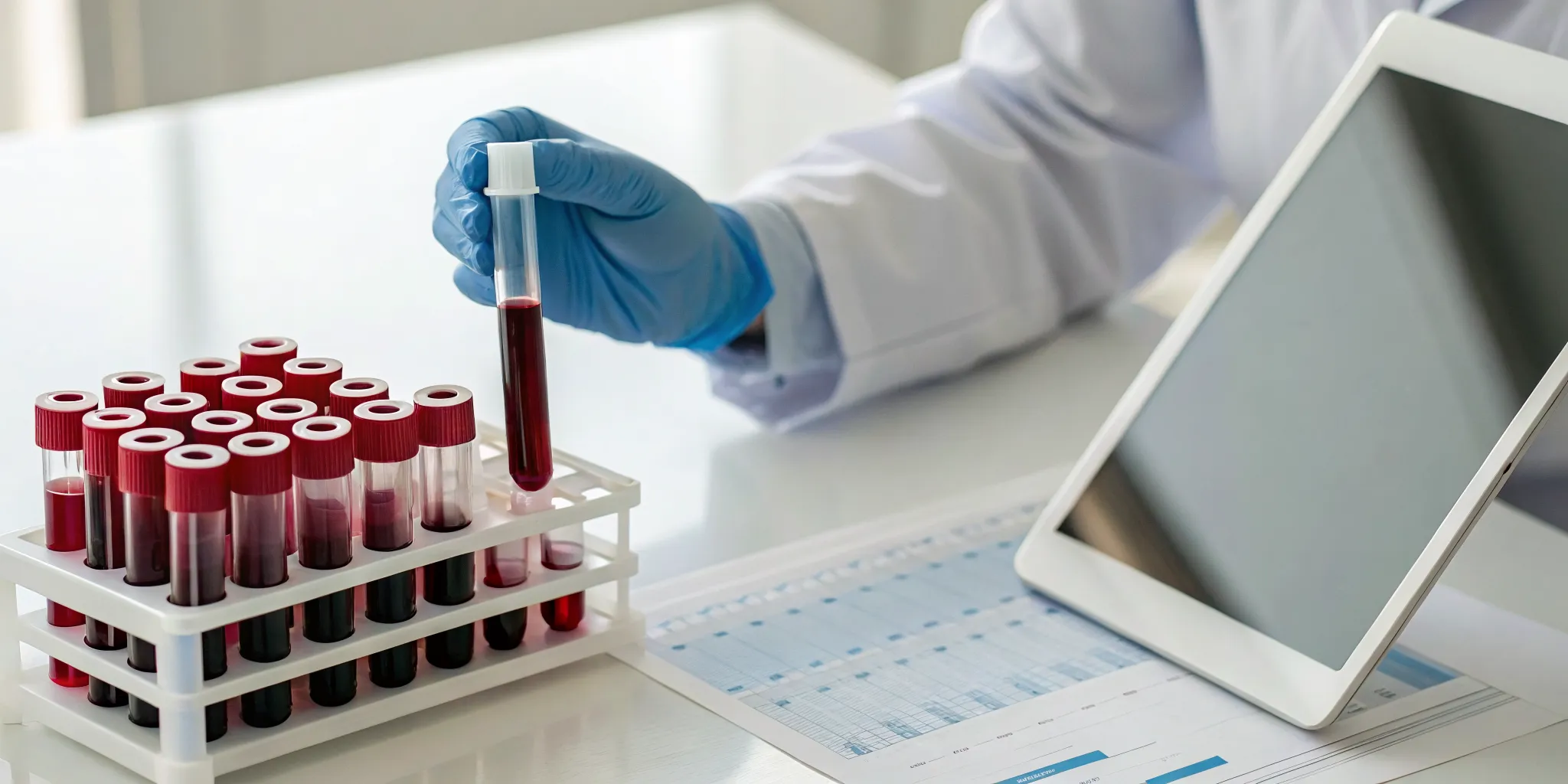 Lab technician holding a blood sample for an alkaline phosphatase blood test.