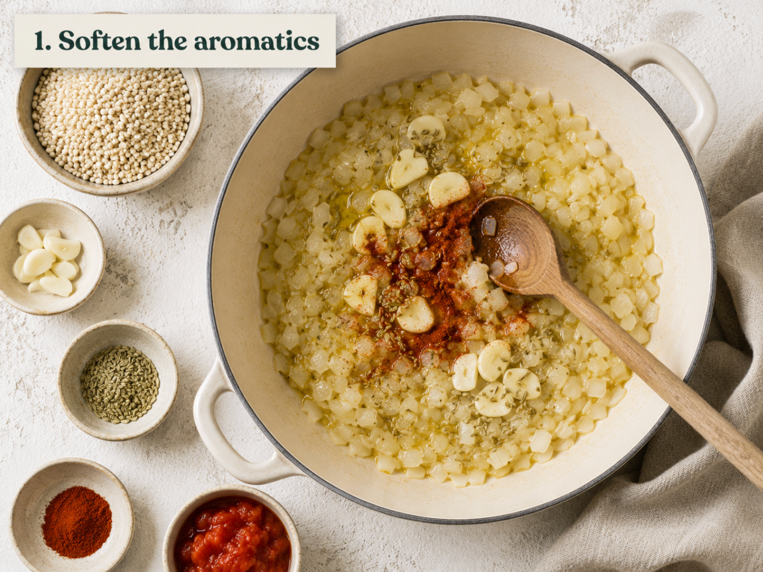 Onion and garlic softening in olive oil with fennel seeds and paprika in a wide pot.