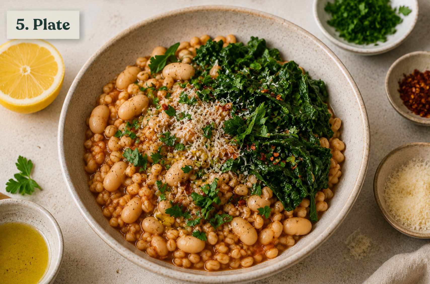 Barley and beans spooned into a bowl and topped with greens, parsley and chilli flakes.