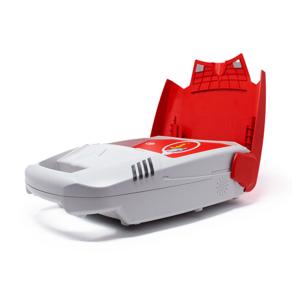 Defibrillatore DAE Schiller FRED PA-1. Aperto, vista da destra..