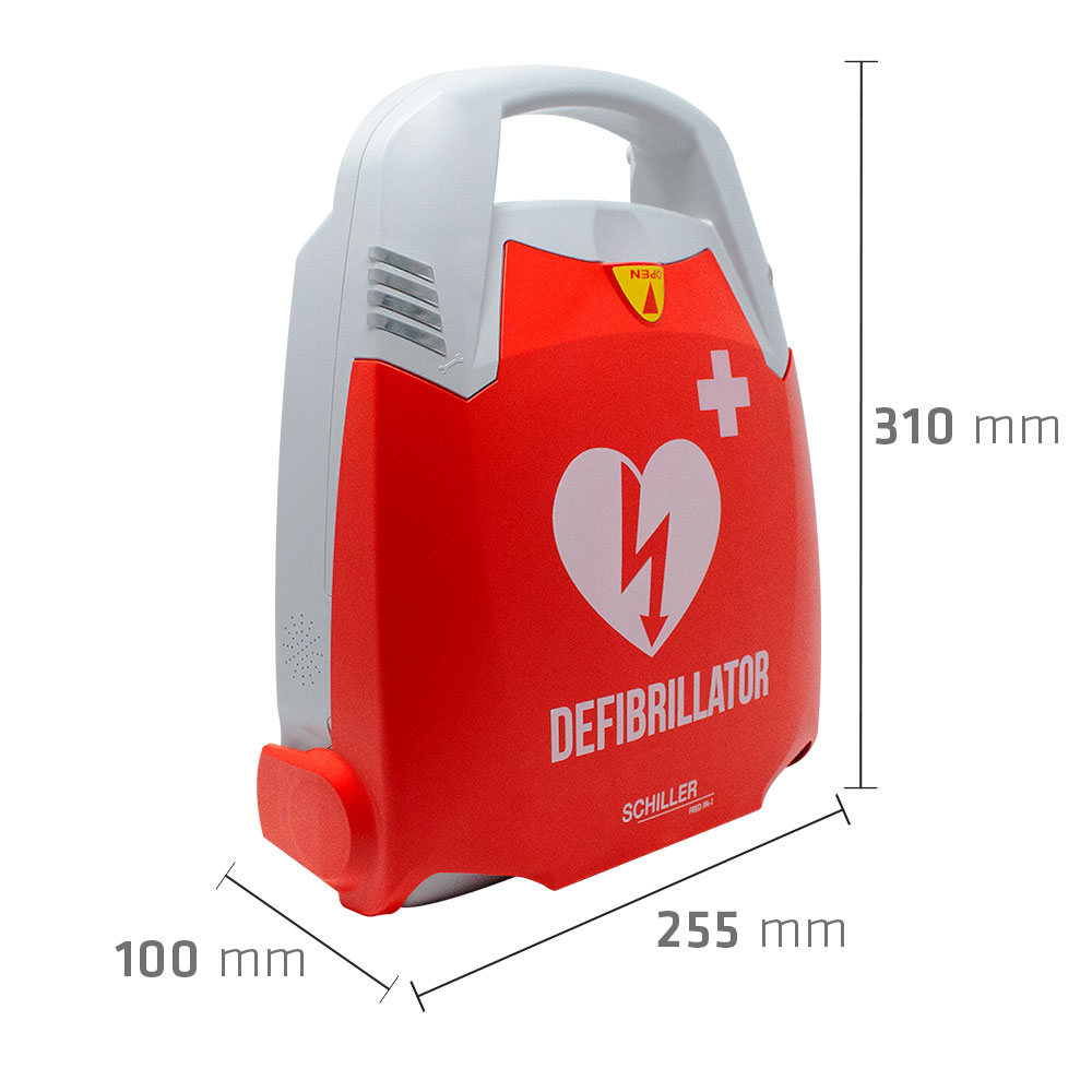 Defibrillatore DAE Schiller FRED PA-1 con misure del dispositivo.