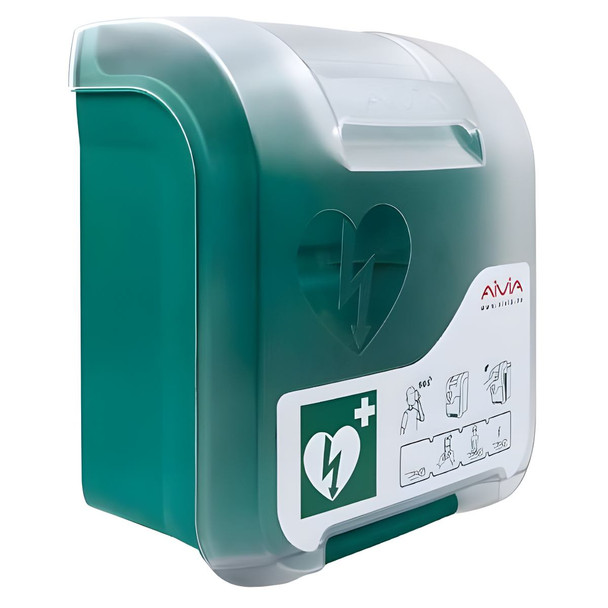 Teca di contenimento da interno per defibrillatore. Vista da sinistra.