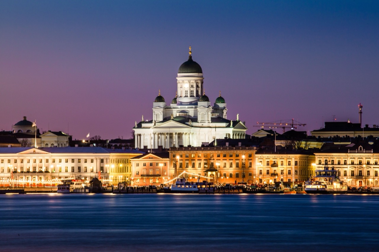 Helsinki Cathedral and waterfront at dusk