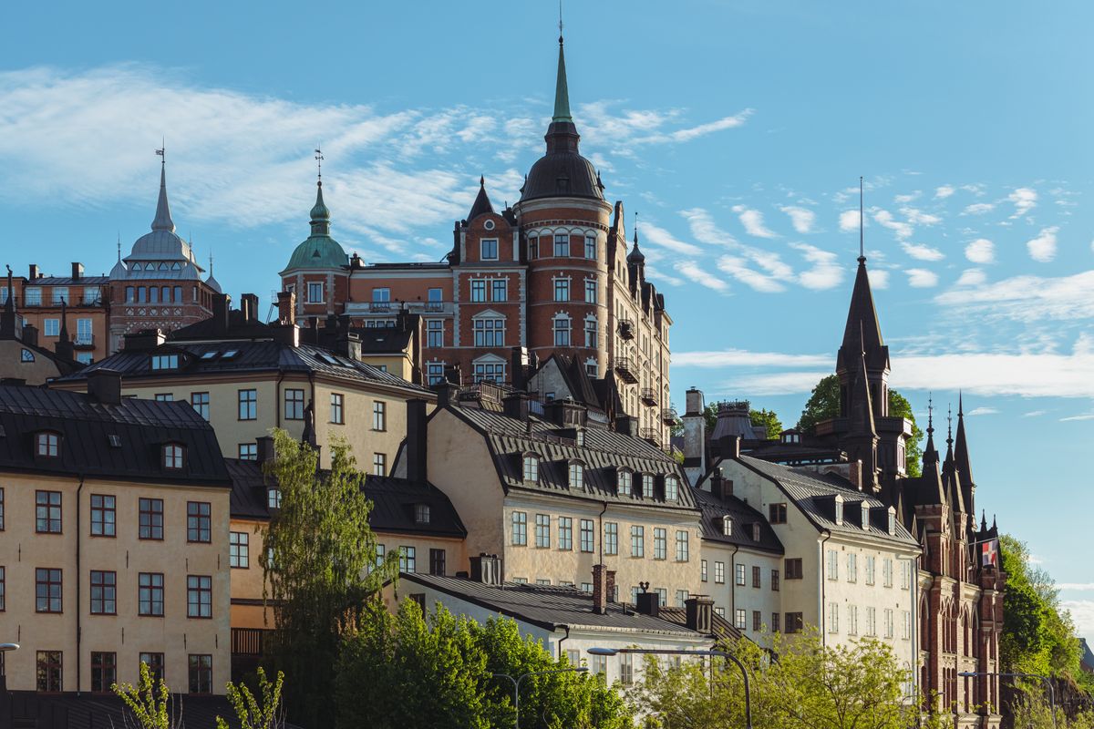 Stockholm waterfront and historic architecture under blue skies