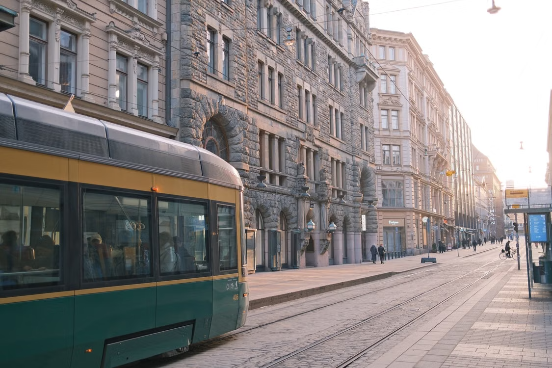 Tram travelling through central Helsinki, Finland