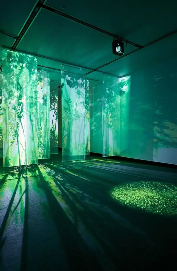 Green forest projection art installation with translucent screens and shadows