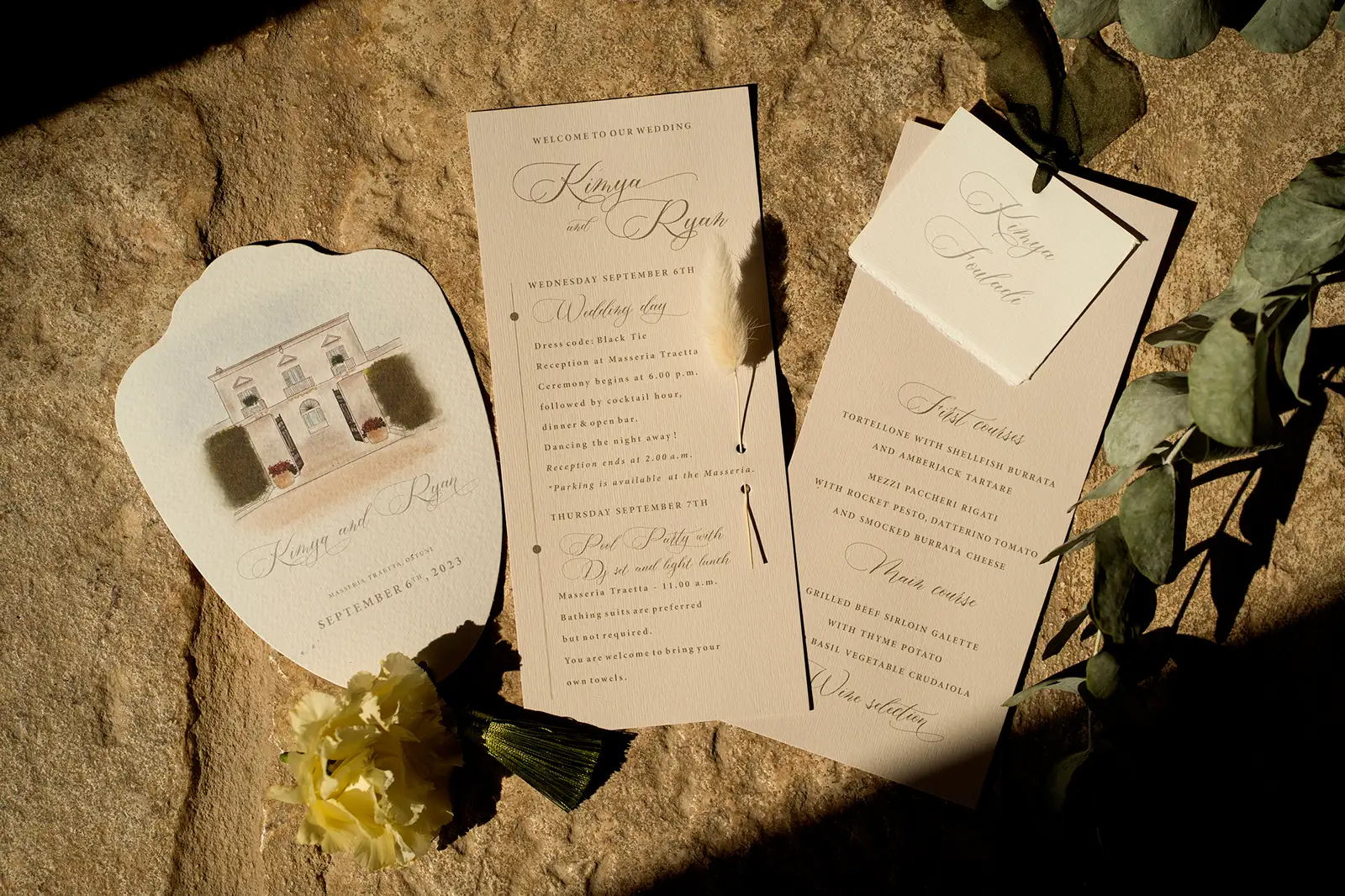 Elegant wedding invitations for Kimya and Ryan with venue illustration