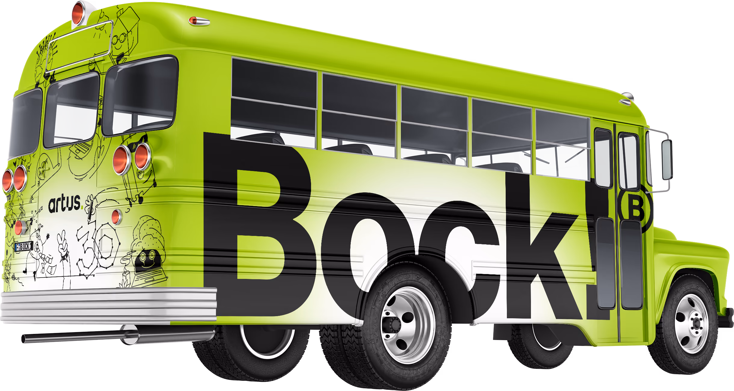 Bright green vintage bus with large black 'Bock' text and cartoon doodles on the rear side.